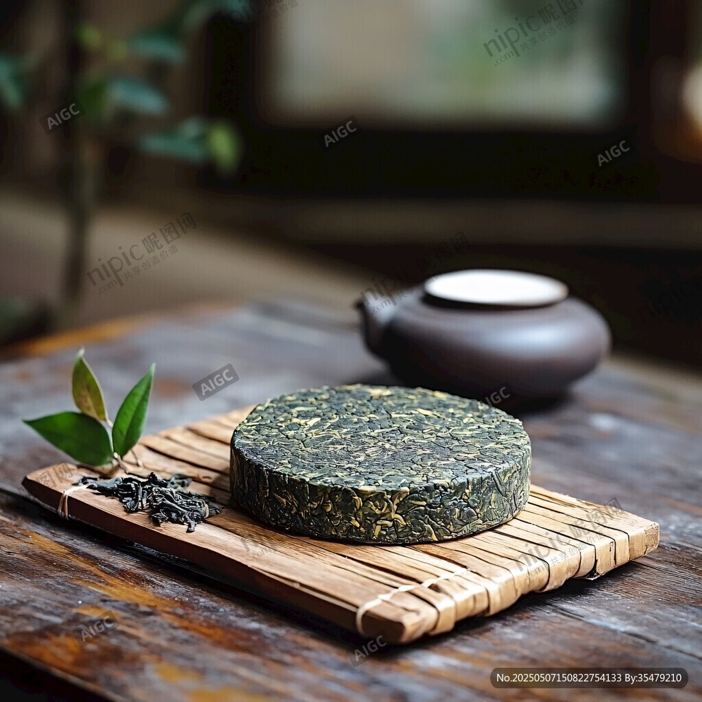 古樸茶餅靜置于竹制托盤