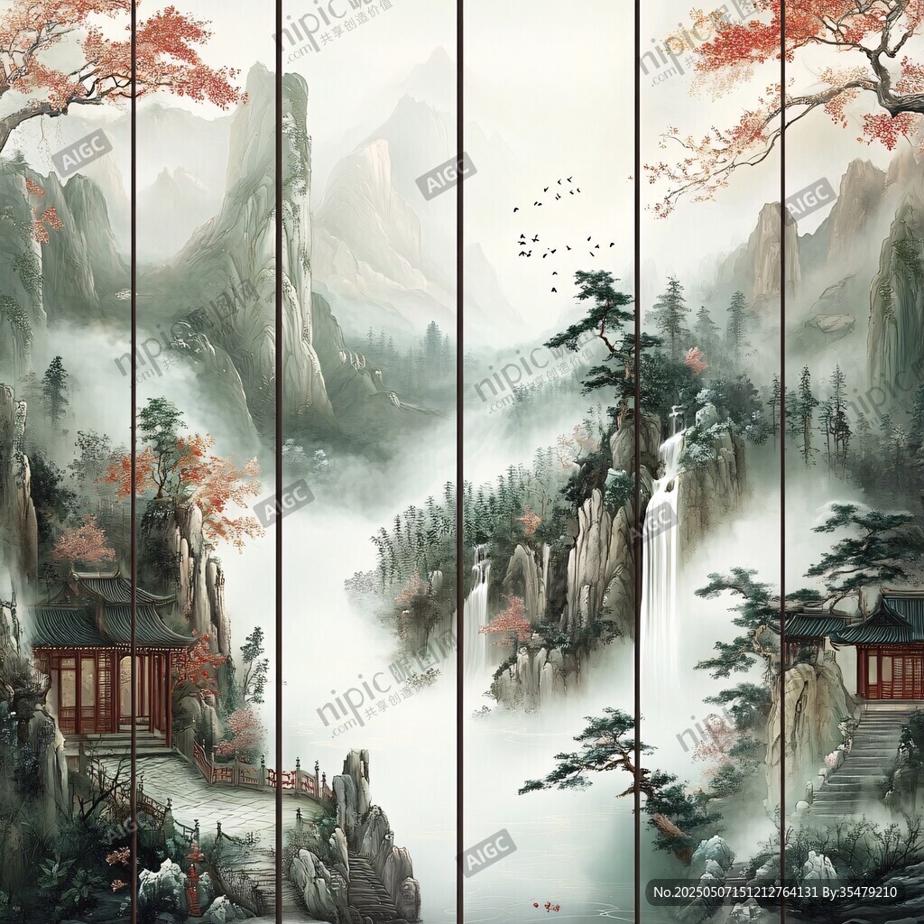 中式山水屏風(fēng)畫意境悠遠(yuǎn)