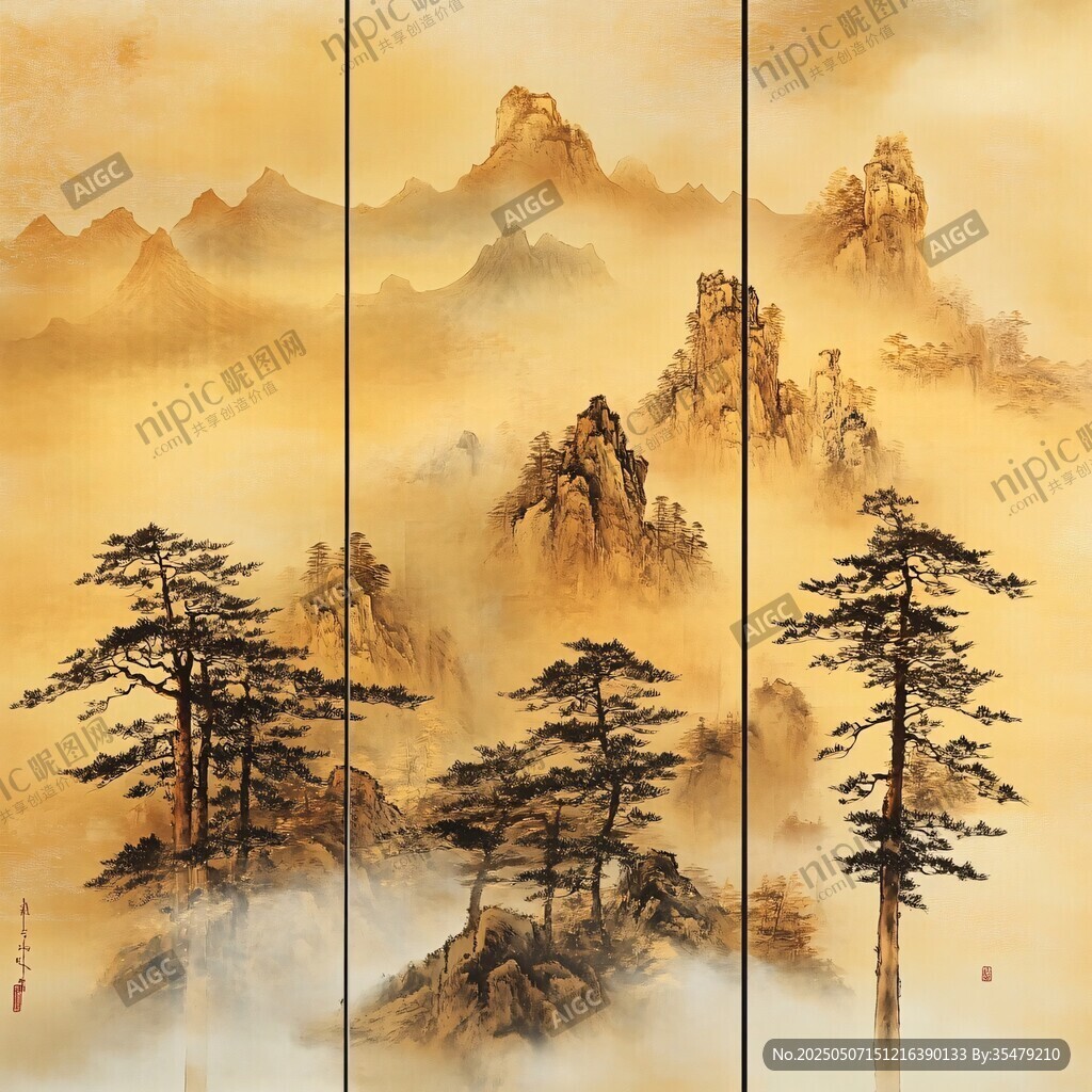三聯水墨山水松樹圖