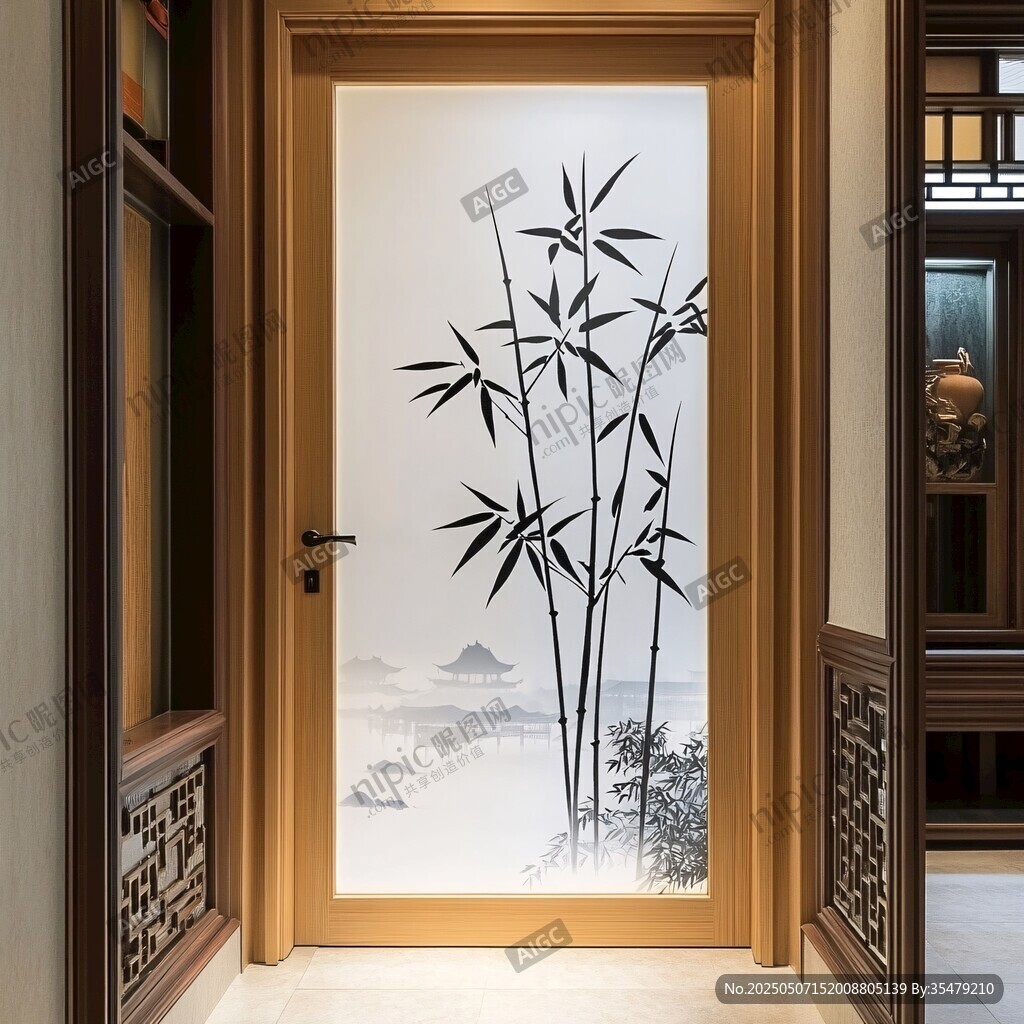 中式屏風(fēng)上的水墨竹景圖