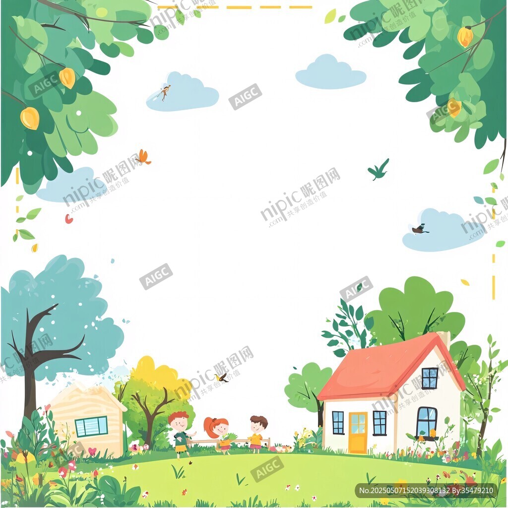 田園童趣風景插畫背景圖