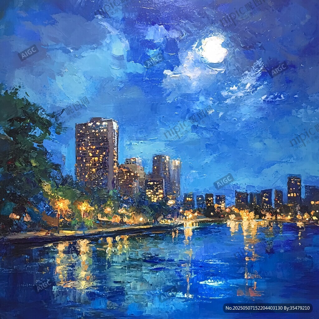 月夜下的城市河畔美景