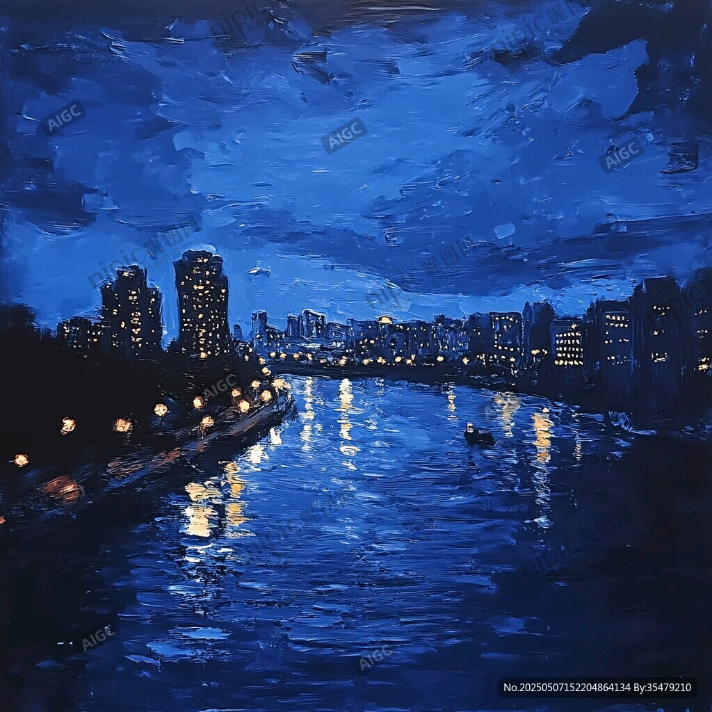 藍(lán)色夜幕下的城市河畔風(fēng)光