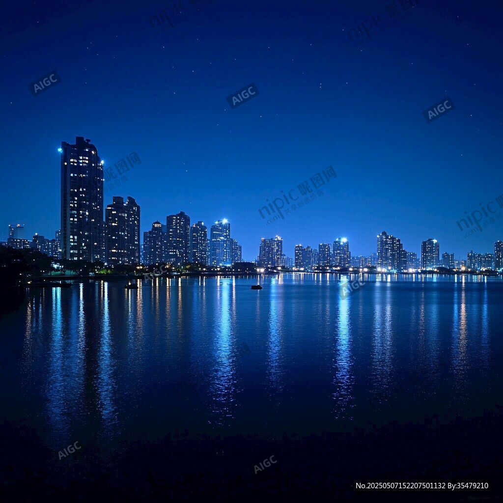 城市夜景下的靜謐水面