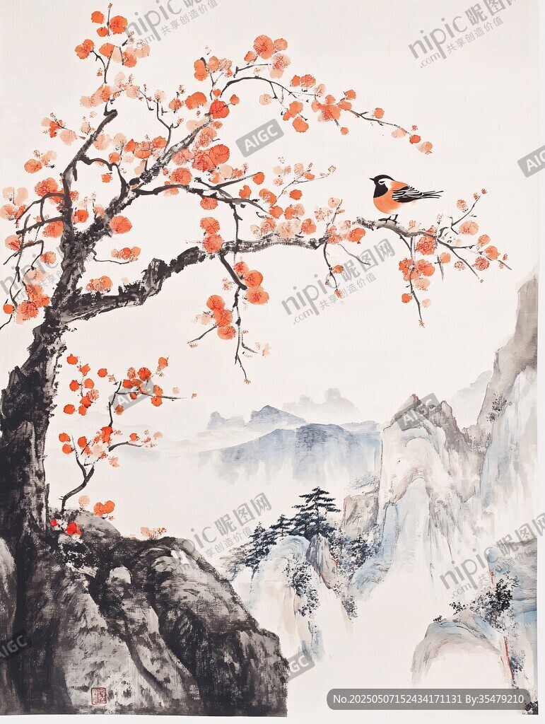 紅梅棲鳥圖 山水意韻濃