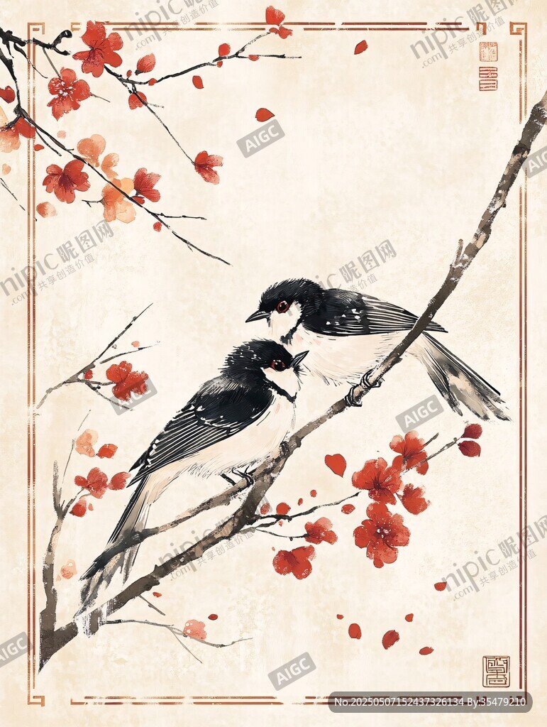 雙鳥棲梅圖
