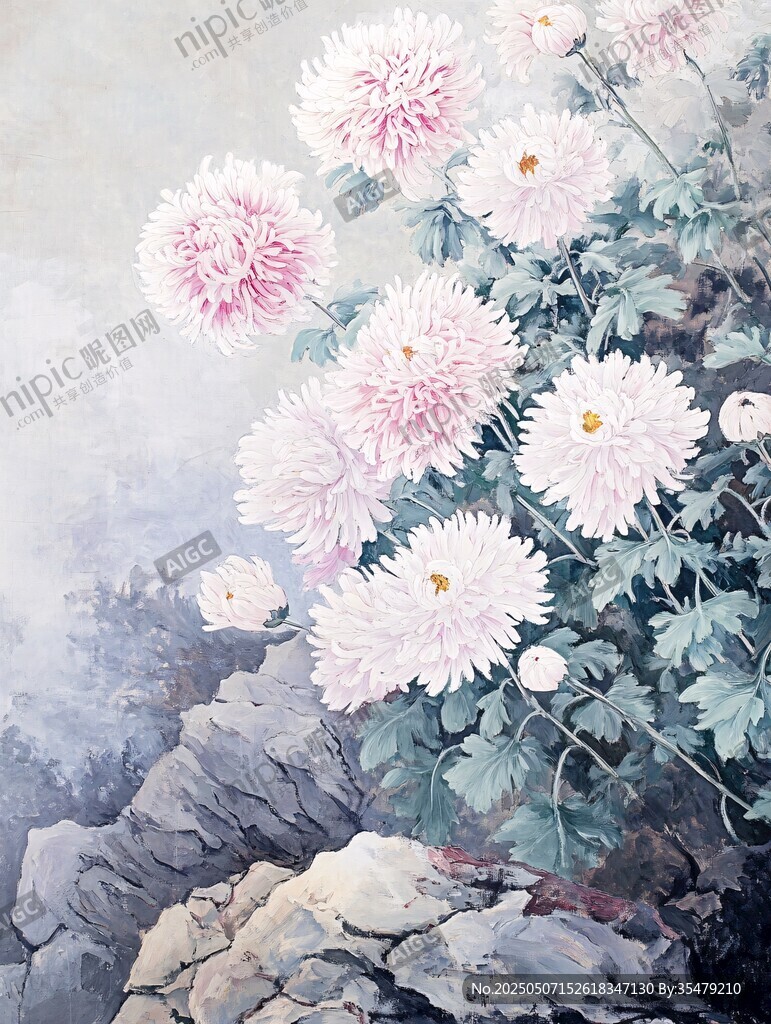 石畔綻放的雅致粉白菊花