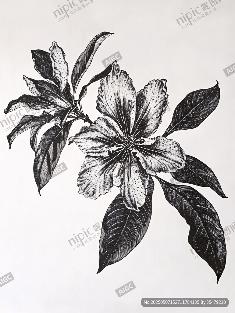黑白花卉插畫 精致花朵葉片