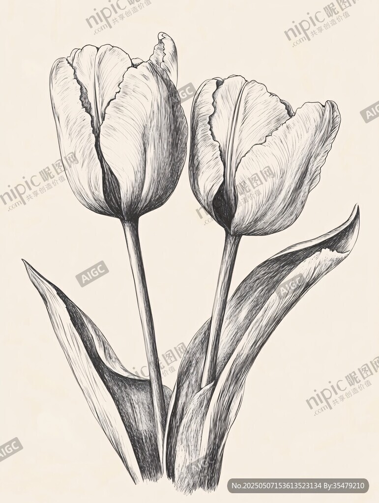 黑白素描兩朵優(yōu)雅郁金香