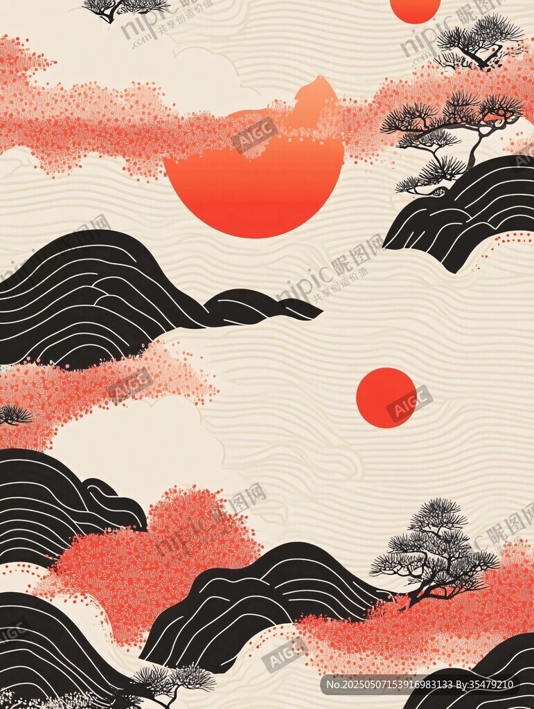 日式山水紅日松樹圖案