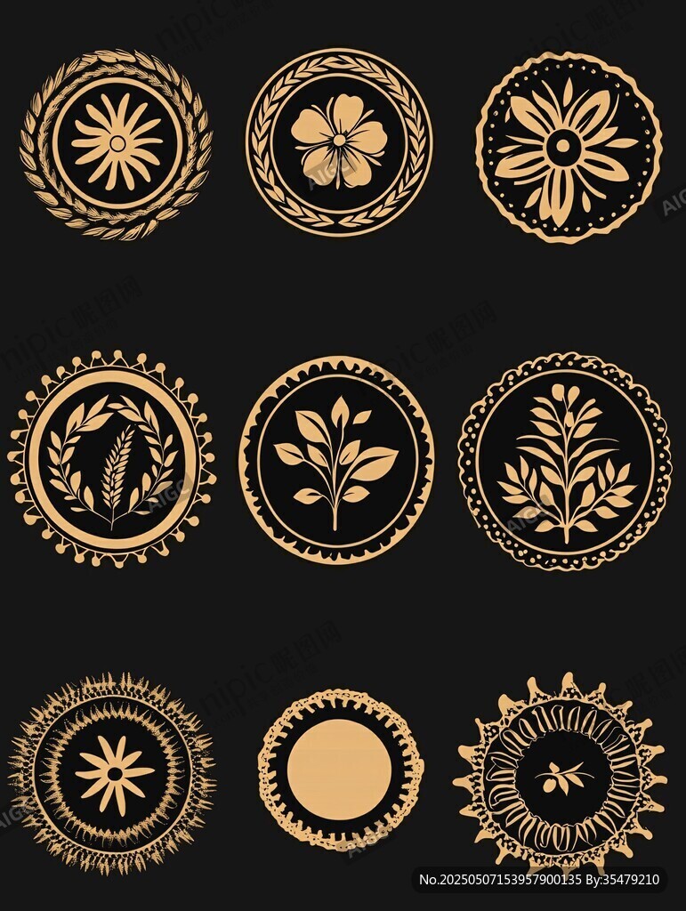 金色花卉圓形裝飾圖案集