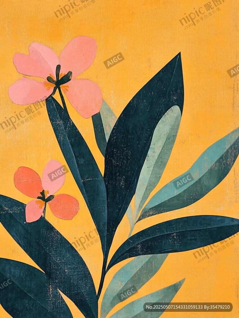 黃色背景上的花葉插畫