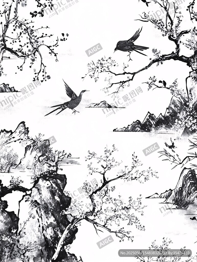 水墨山水間雙燕展翅圖