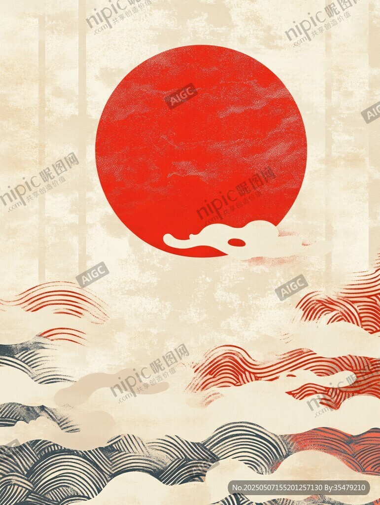 日式浮世繪風格紅日海浪圖