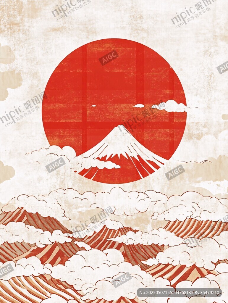 日式富士山與海浪風(fēng)景圖