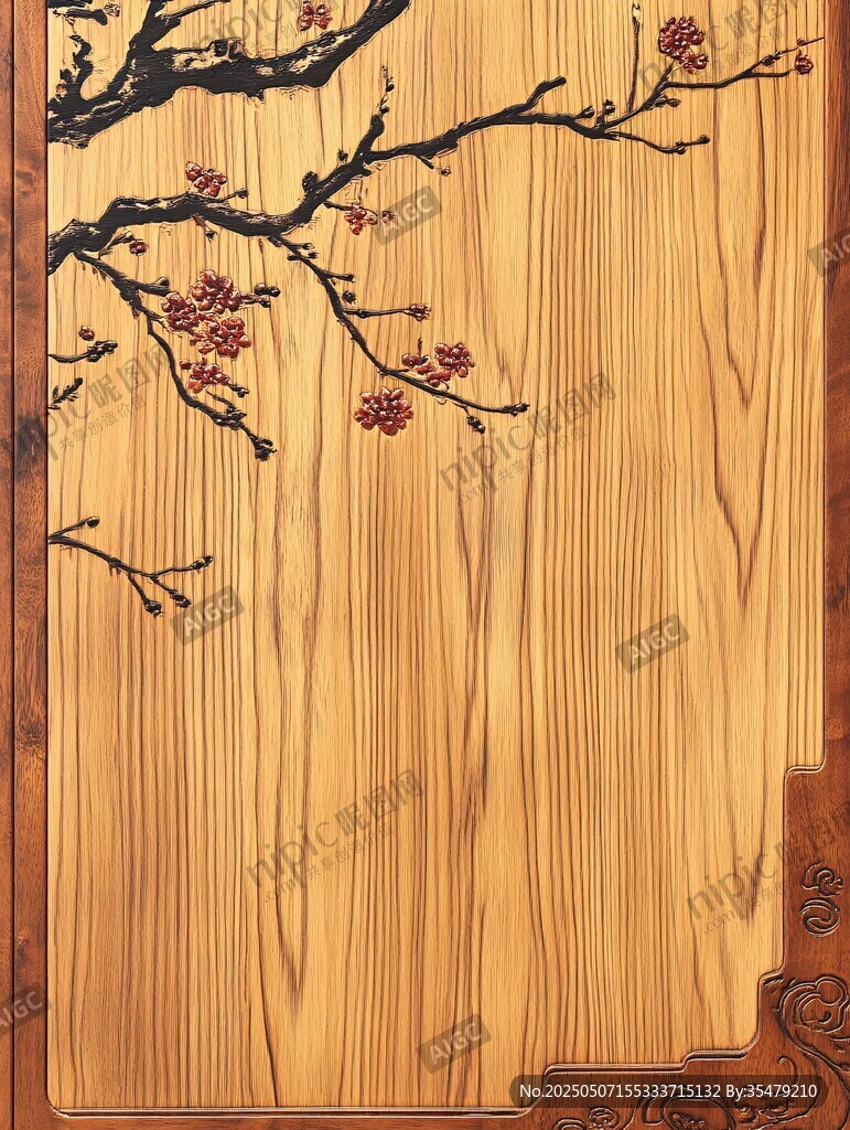 木紋背景上的精致梅花圖案