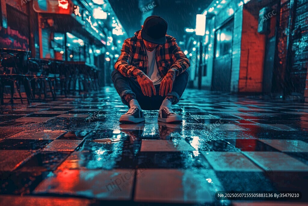 夜巷中獨坐的沉思青年