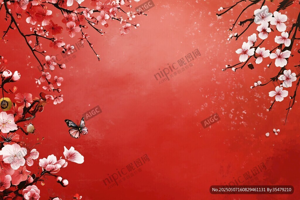紅梅綻放 蝶舞紅韻背景圖