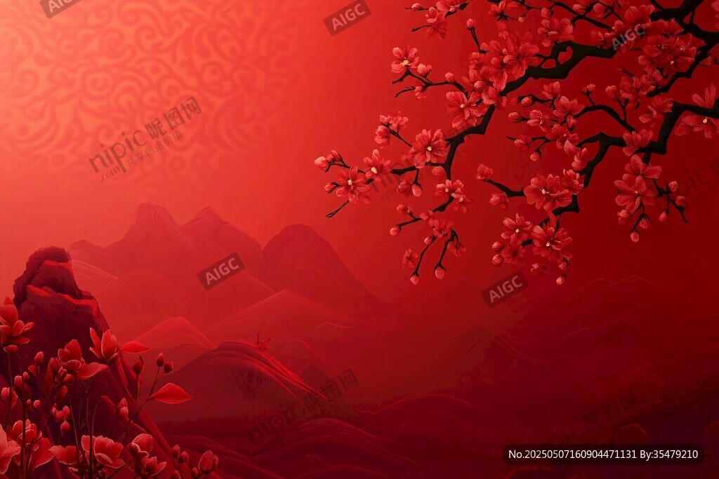紅梅映紅景 山水添詩意