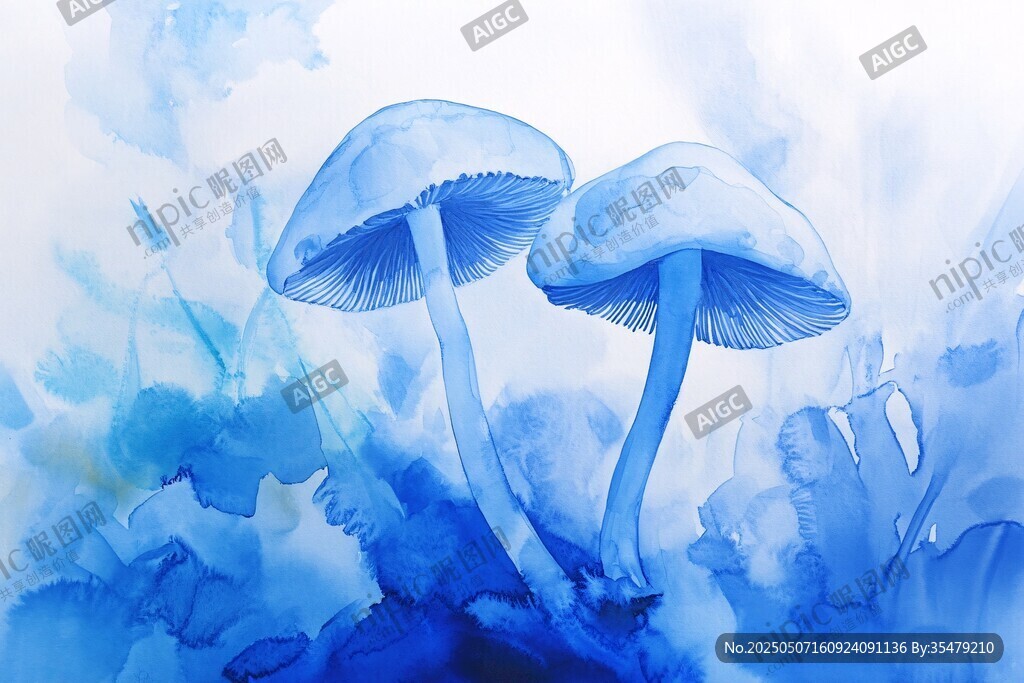 藍色夢幻雙生蘑菇水彩畫
