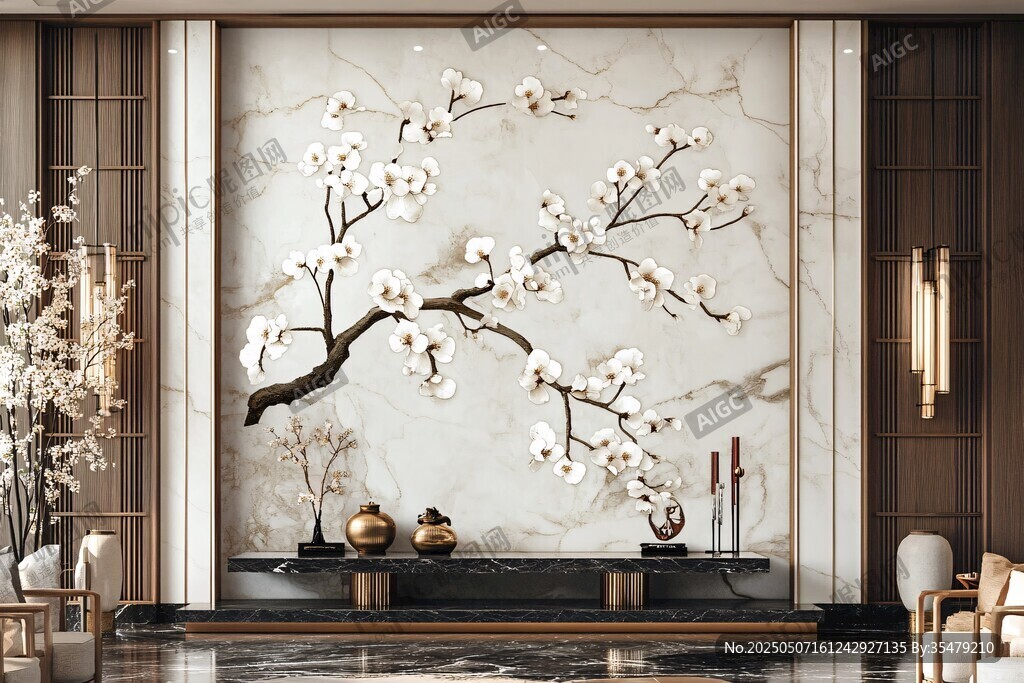 中式客廳的梅花藝術(shù)背景墻
