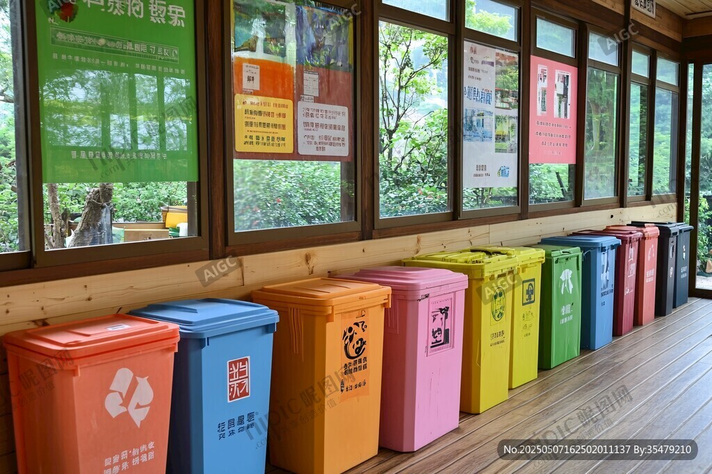 多彩垃圾桶排列的室內場景