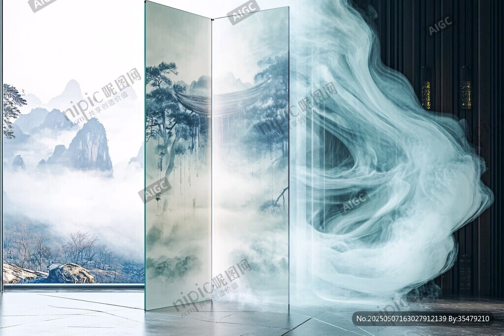 中式屏風與縹緲煙霧之景