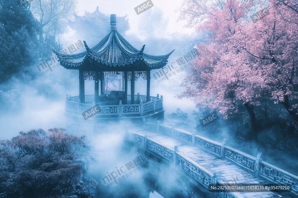 霧中亭閣映粉櫻