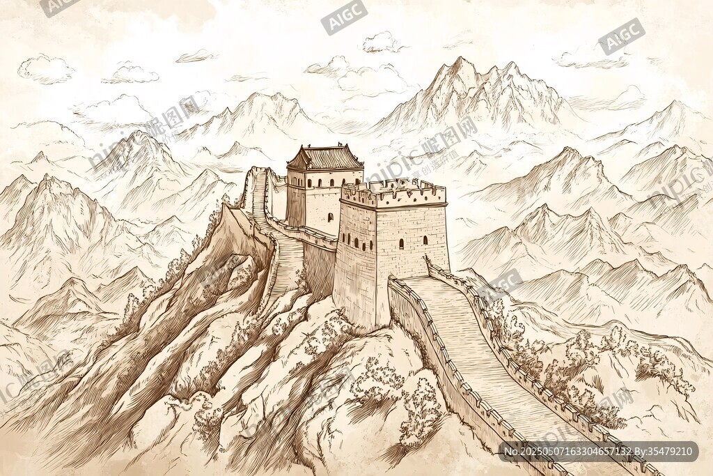 手繪長城屹立群山之巔