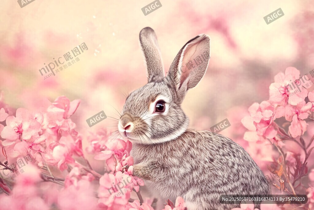 花叢中的可愛灰兔