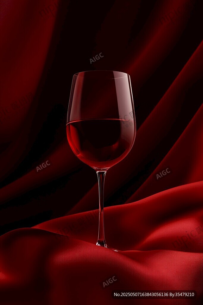 紅綢上的優雅紅酒杯