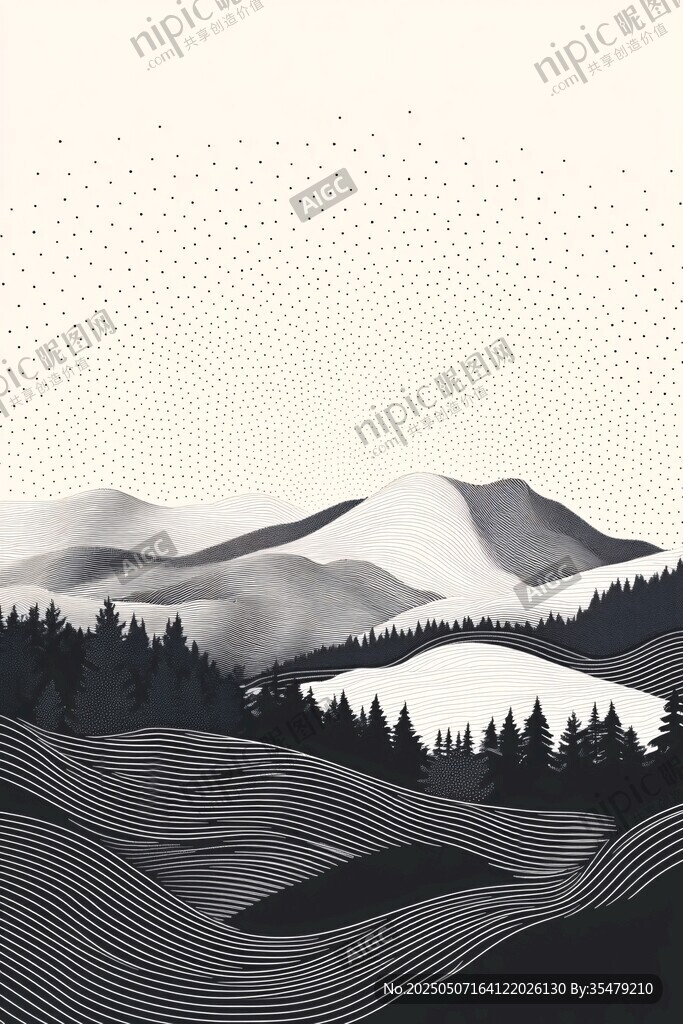 黑白山巒森林抽象風(fēng)景圖