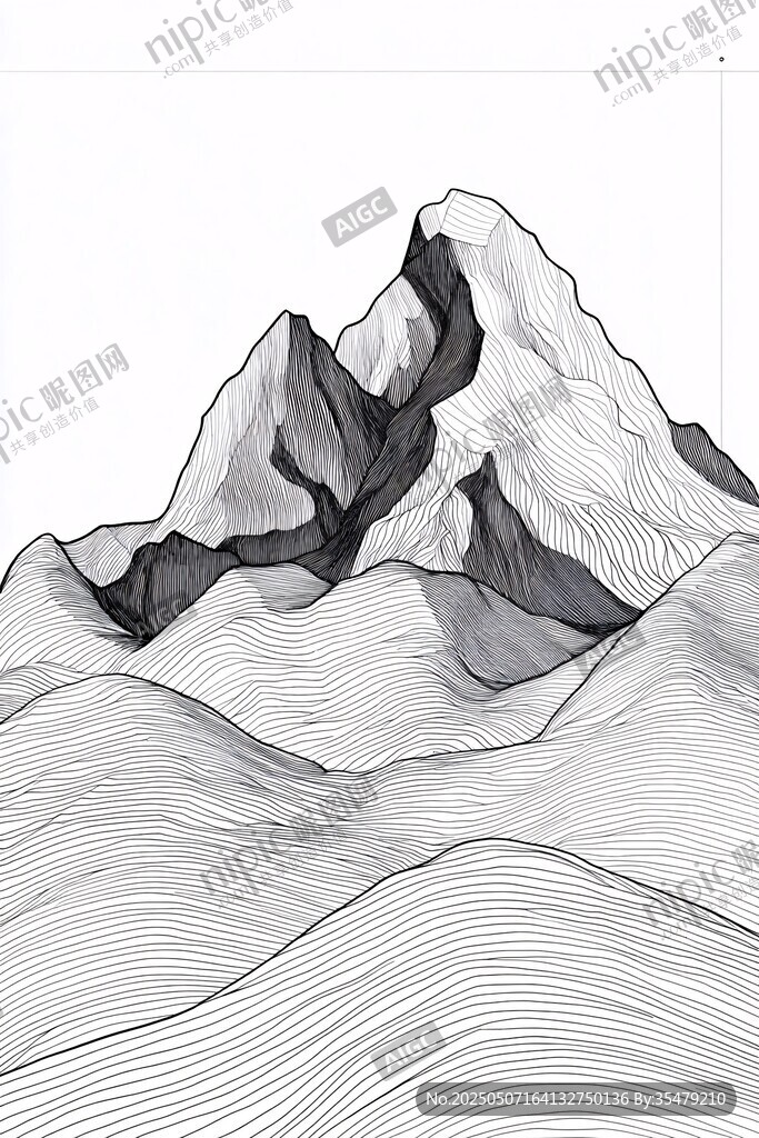 黑白線條勾勒的巍峨山峰