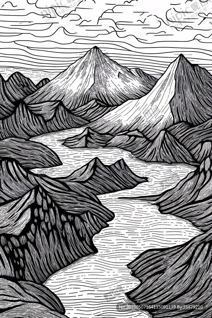 黑白手繪山川河流景觀
