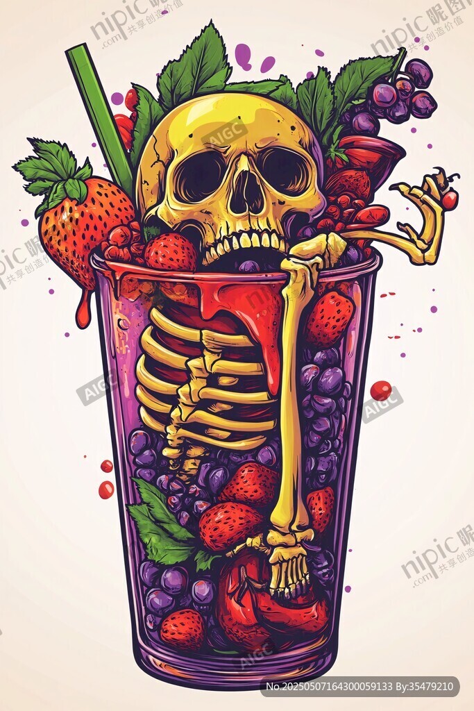 骷髏鮮果杯 奇幻飲品插畫