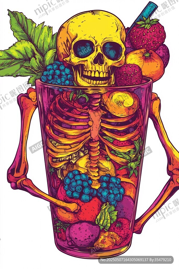 骷髏捧鮮果飲品插畫