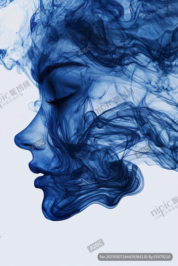 藍色煙霧勾勒的夢幻側臉