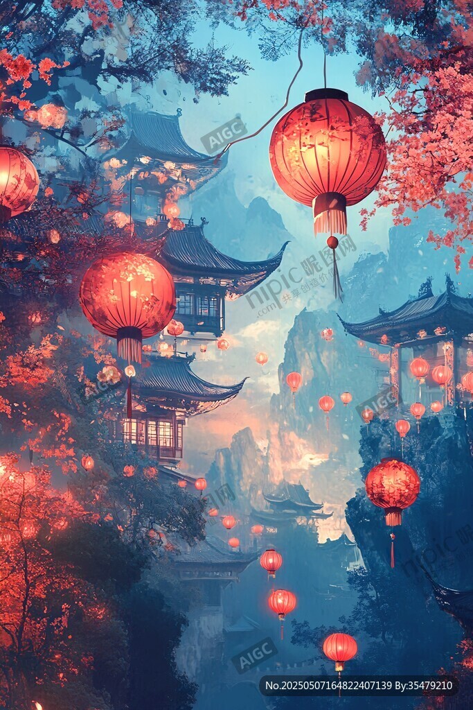 古風夜景中高懸的紅燈籠
