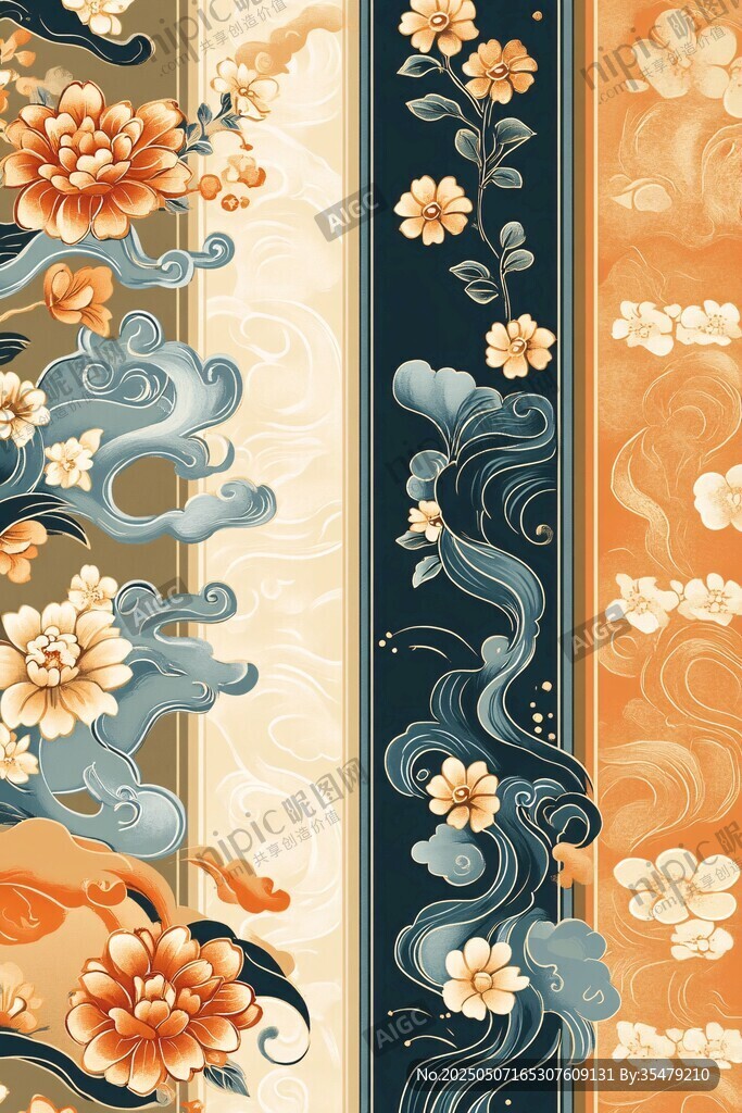 中式花卉海浪紋樣圖案