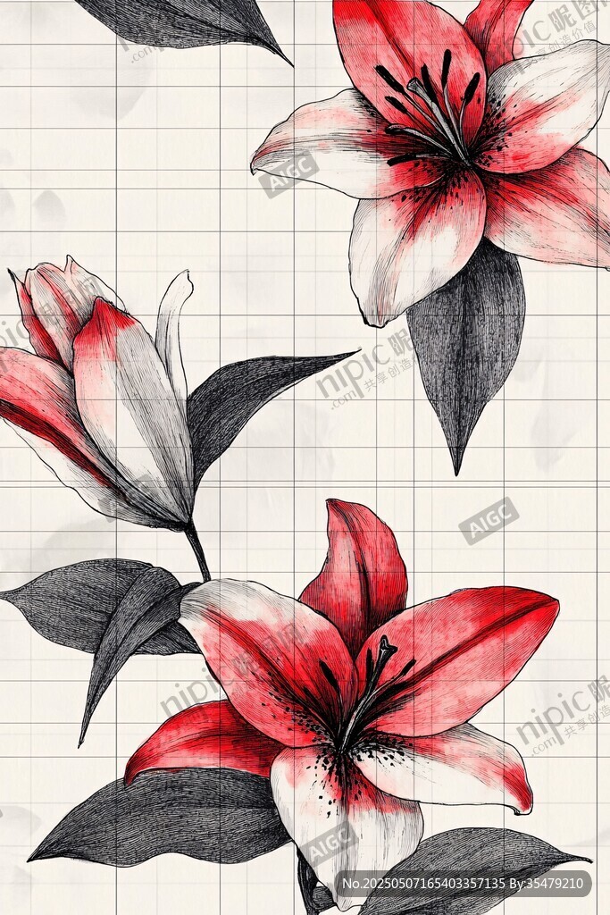 手繪紅百合花圖案設(shè)計(jì)