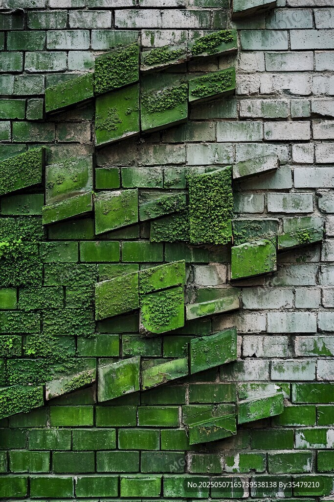 青苔覆蓋的斑駁磚墻