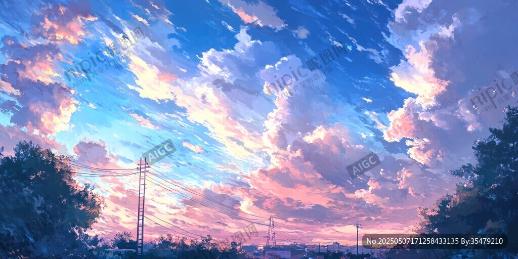夢幻晚霞天空下的靜謐景致