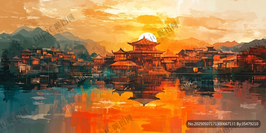 夕陽(yáng)下的中式水鄉(xiāng)美景