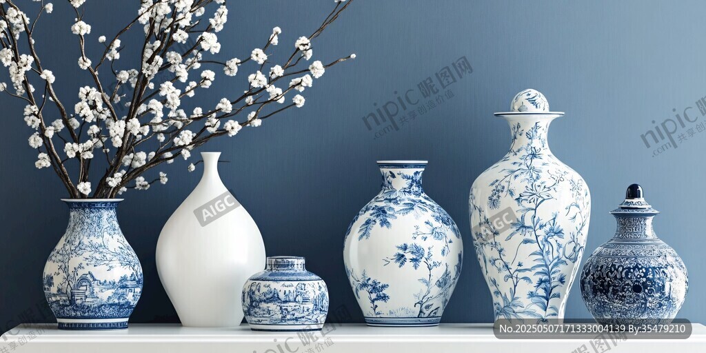 藍(lán)白瓷瓶與素雅花枝陳列