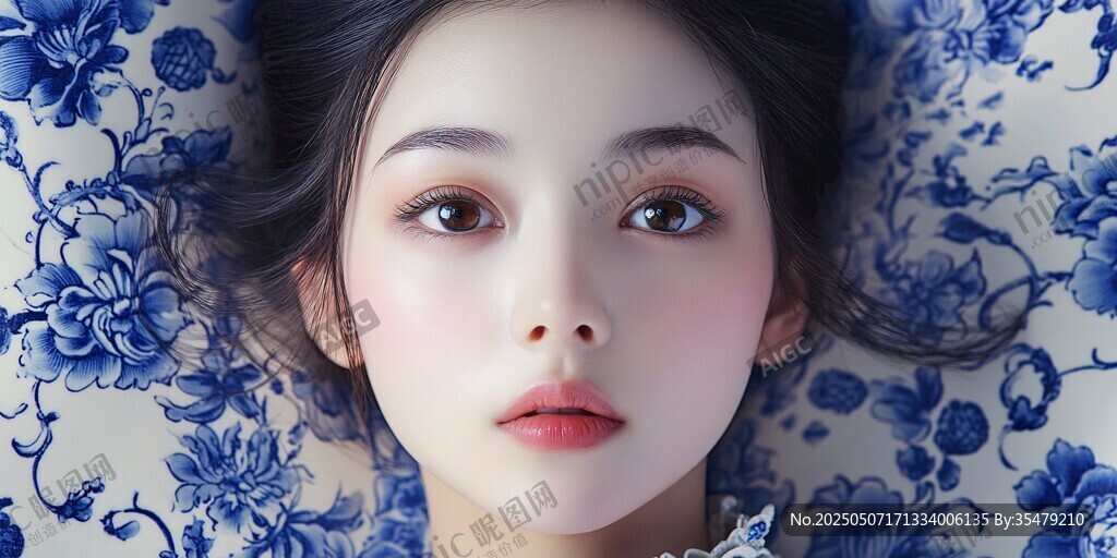 藍(lán)花背景下的唯美少女