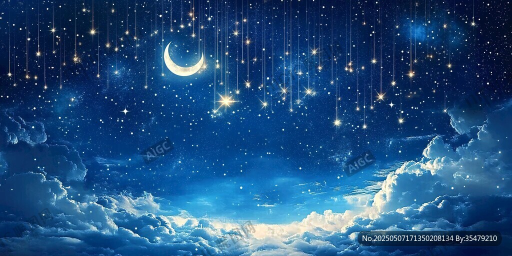夢幻夜空下的星月與云朵