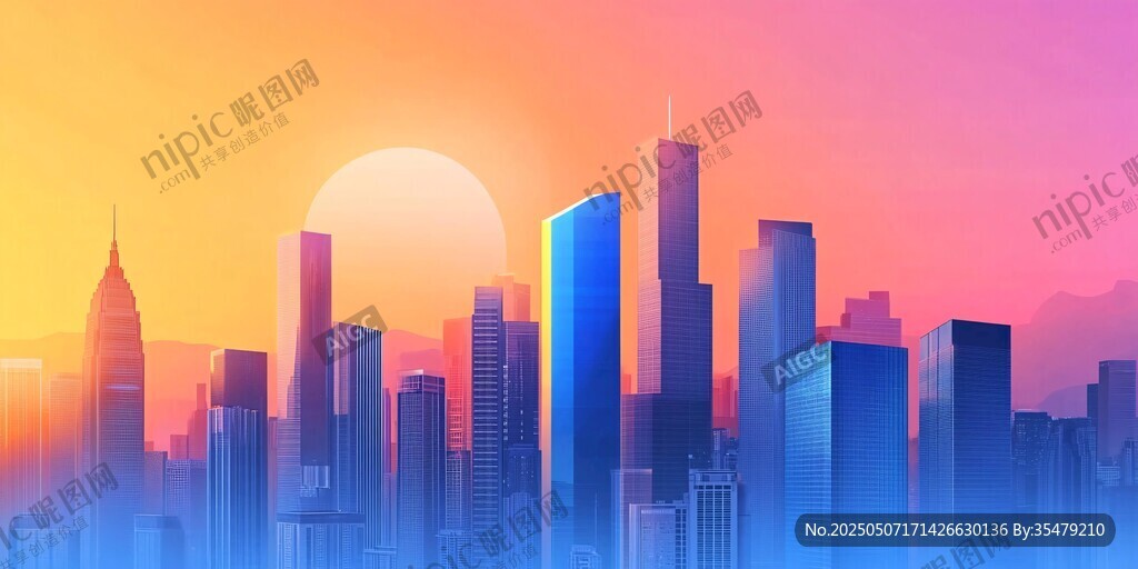 夕陽下的夢幻都市天際線