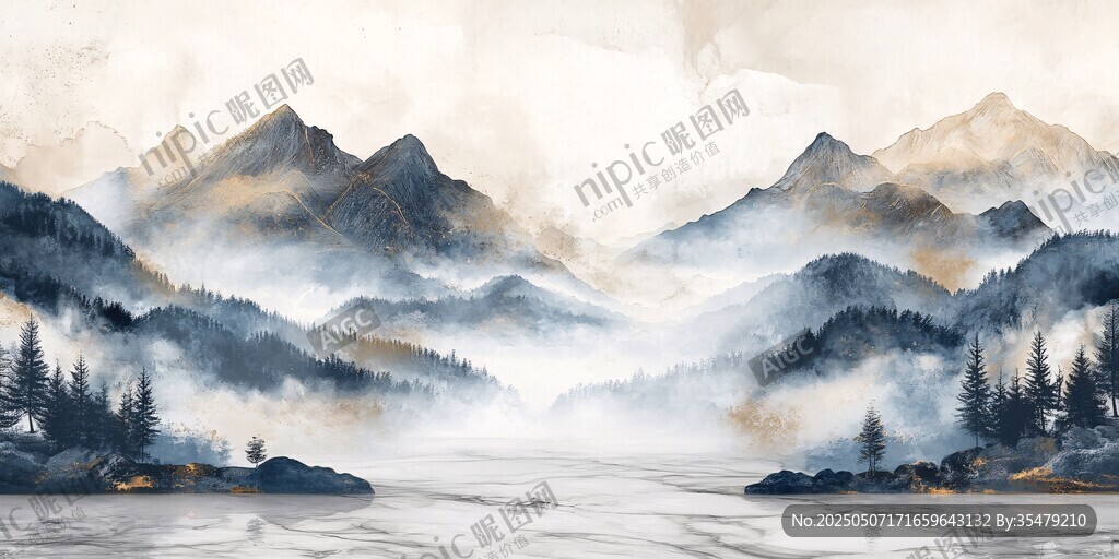 水墨山水間的靜謐自然景色