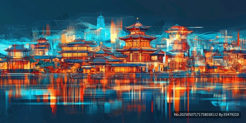 夢幻夜景中的中式古建筑