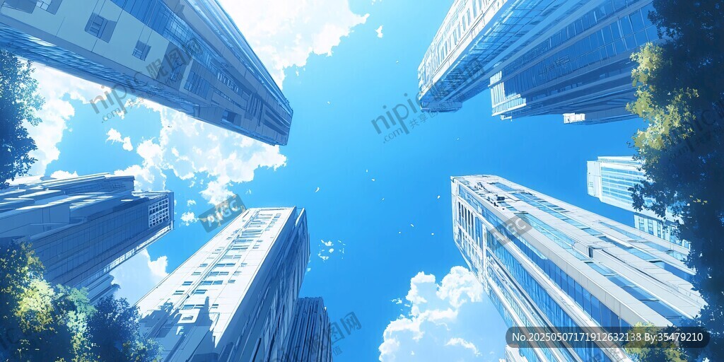仰視都市高樓動漫風景